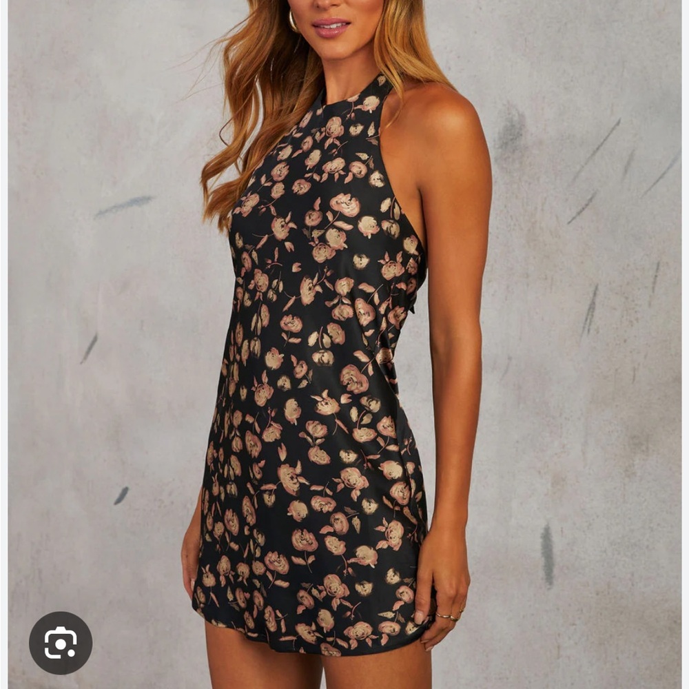 Black Floral Halter Mini Dress